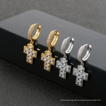 brincos de joia de diamante personalizados, cobre com zircão banhado a ouro Jesus Cross brinco de gota homens mulheres festa joias presente para o amante